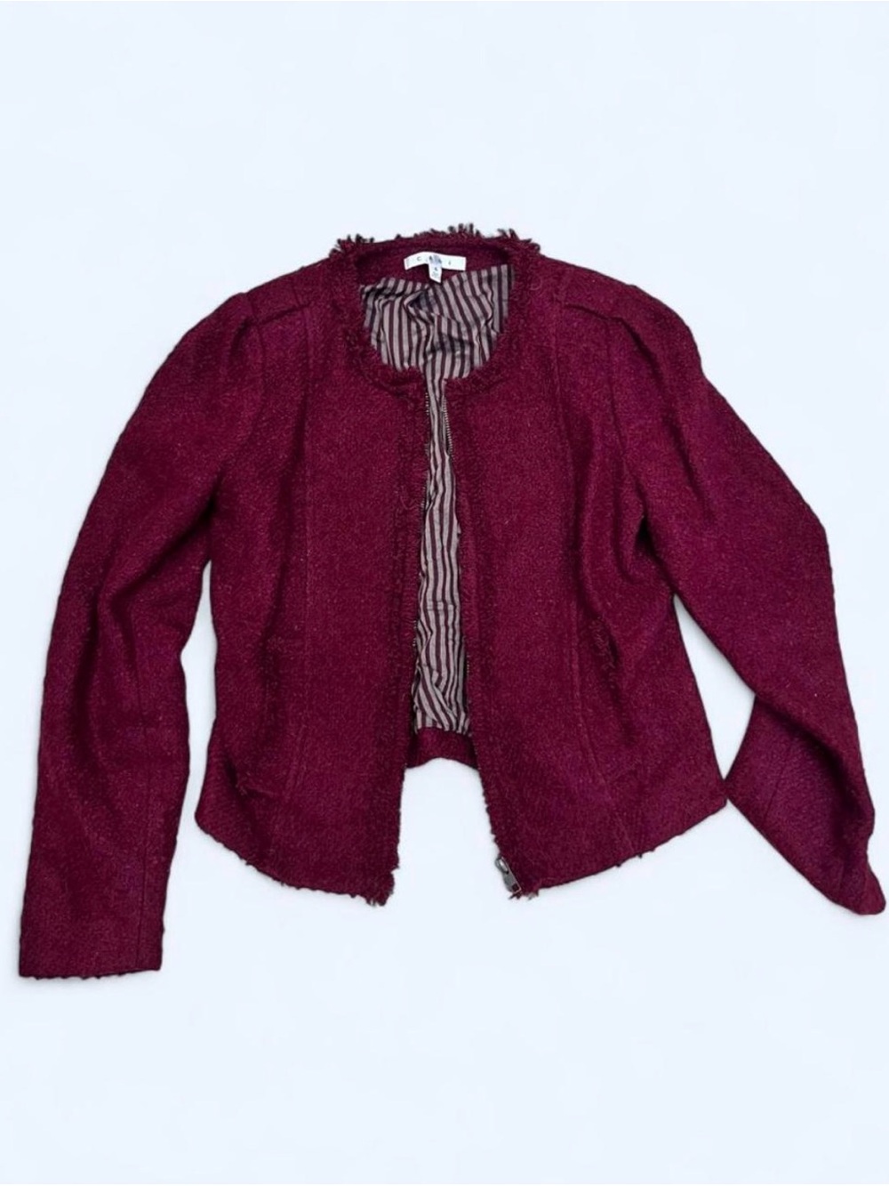 CAbi Wine Tweed Collarless Jacket